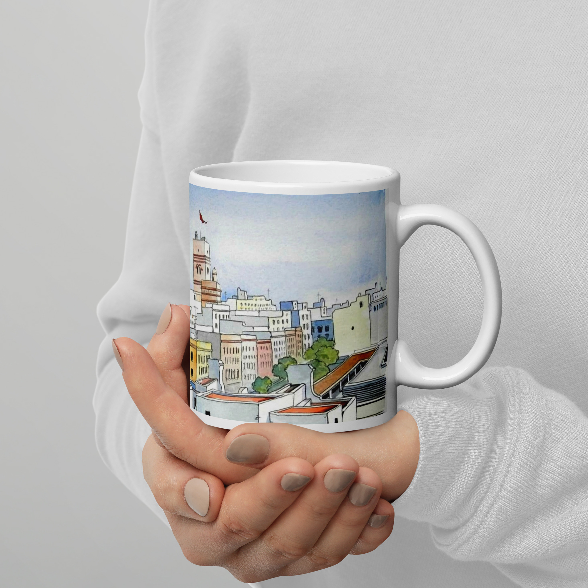 Mercado de abastos y torre Tavira de cádiz. Taza blanca brillante - Imagen 3