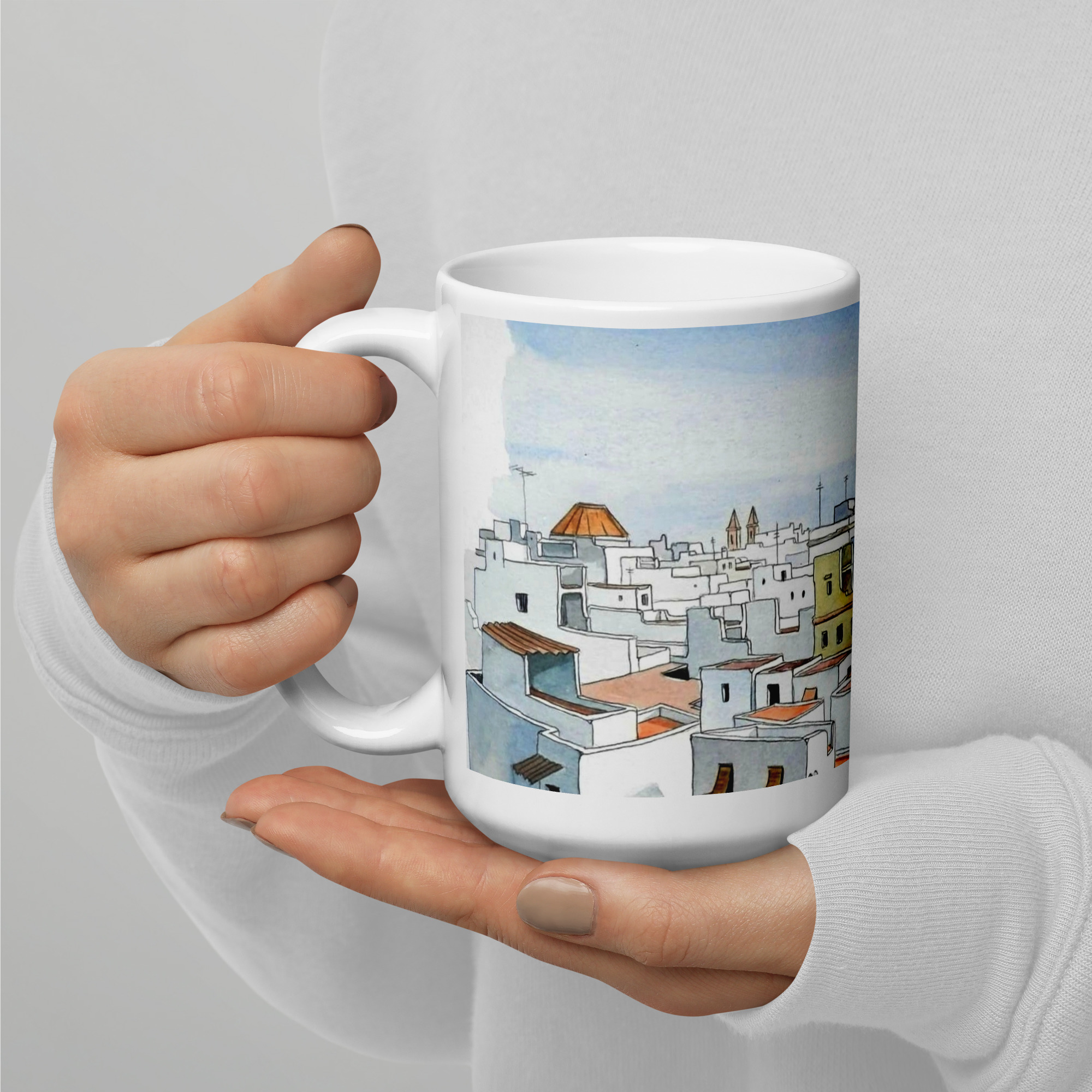 Mercado de abastos y torre Tavira de cádiz. Taza blanca brillante - Imagen 4