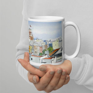 Mercado de abastos y torre Tavira de cádiz. Taza blanca brillante