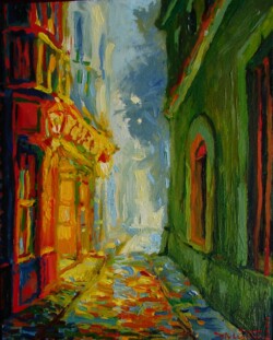Pintura de la Serie "Cádiz Clásico". Obra de M. R. Piulestán. Óleo sobre lienzo. Cádiz urbano.